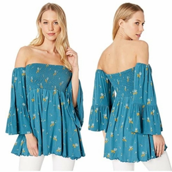 Free People Tops - Free People NWT Lana Floral Off Shoulder Top in Blue | Size Small